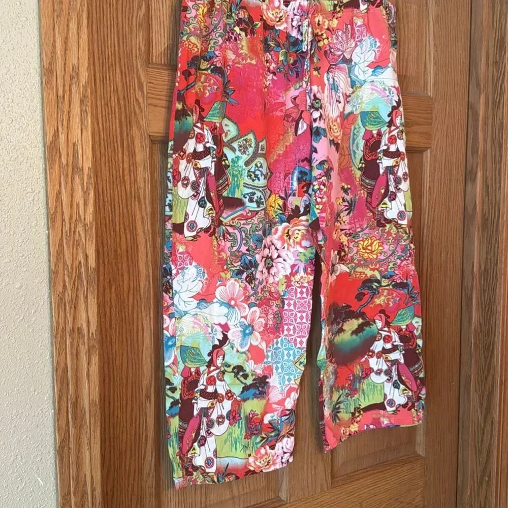 NATORI Cropped Pajama Loungewear Pants Pink Floral Japanese-Inspired Print
